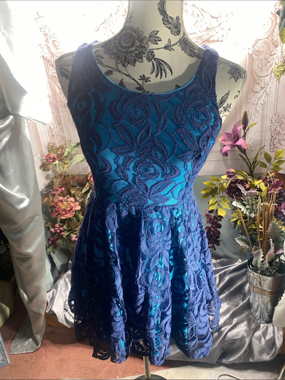 love, Fire Turquoise and Royal Blue Floral Lace Mini Dress